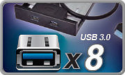 8 x USB 3.0 (4 en façade, 4 à l’arrière)