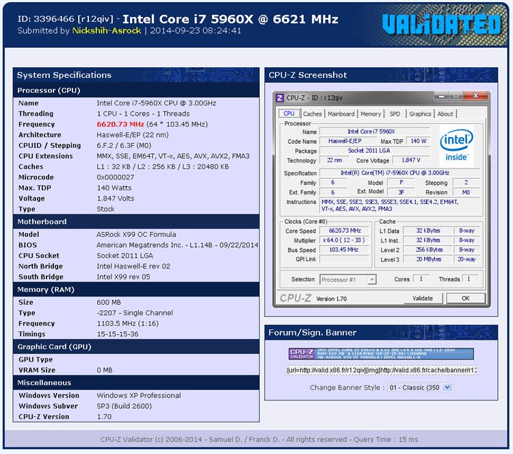 Intel<sup>®</sup> Core i7 5960X @ 6621 MHz Screenshot