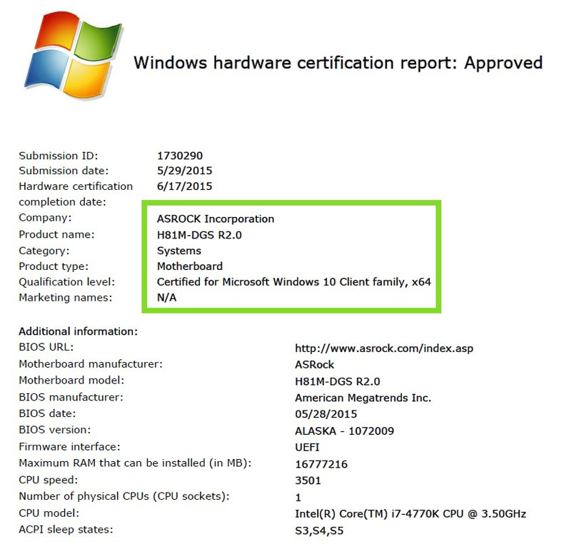 Windows<sup>®</sup> Hardware Certification Report - H81M-DGS R2.0