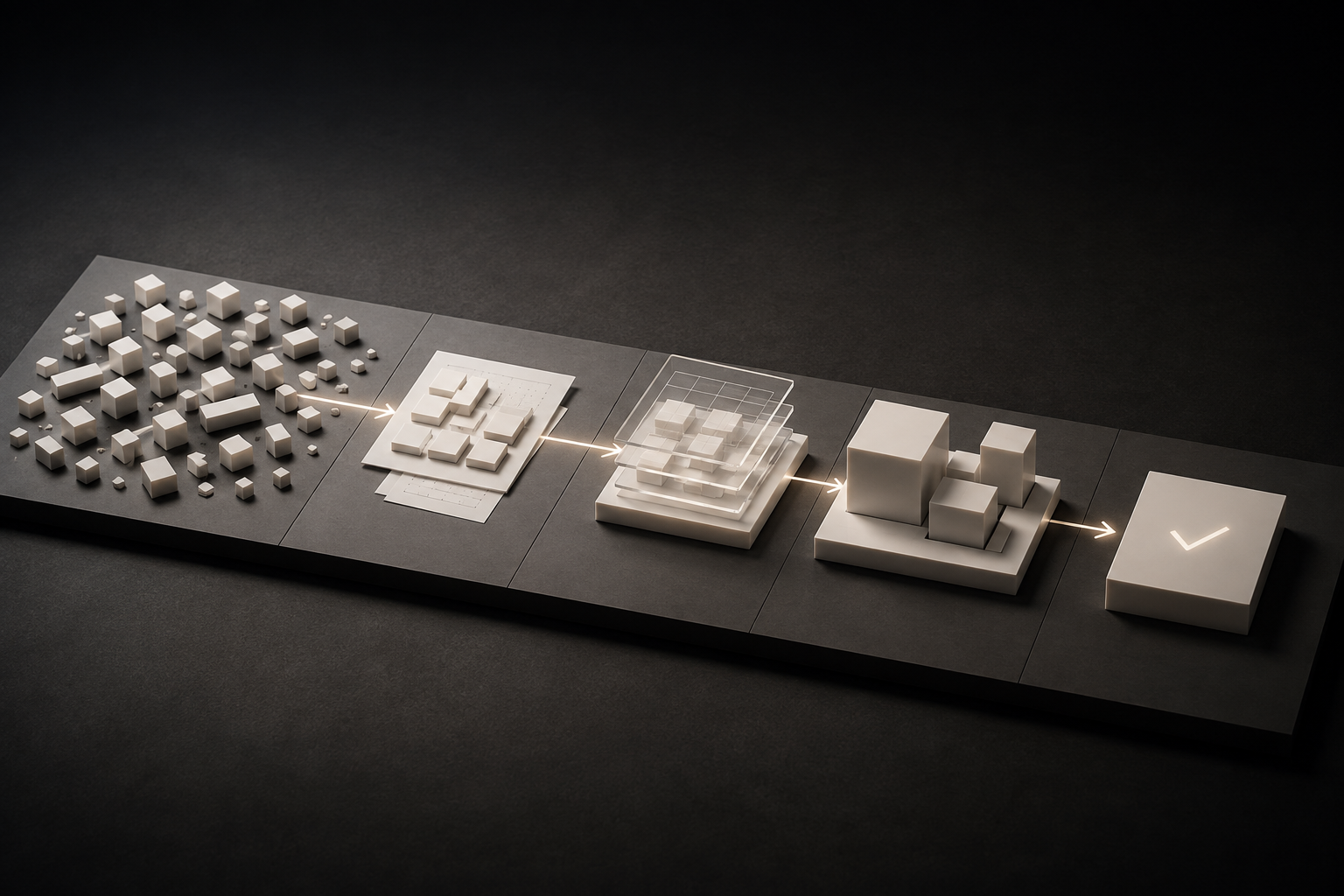 ダークな背景に置かれたAIプロジェクト工程の3Dモデル：散在する要件のブロックが設計図にまとまり、階層グリッド、組み上がった構造体へと進み、最後にチェックマークで完了。構想から導入までを表現