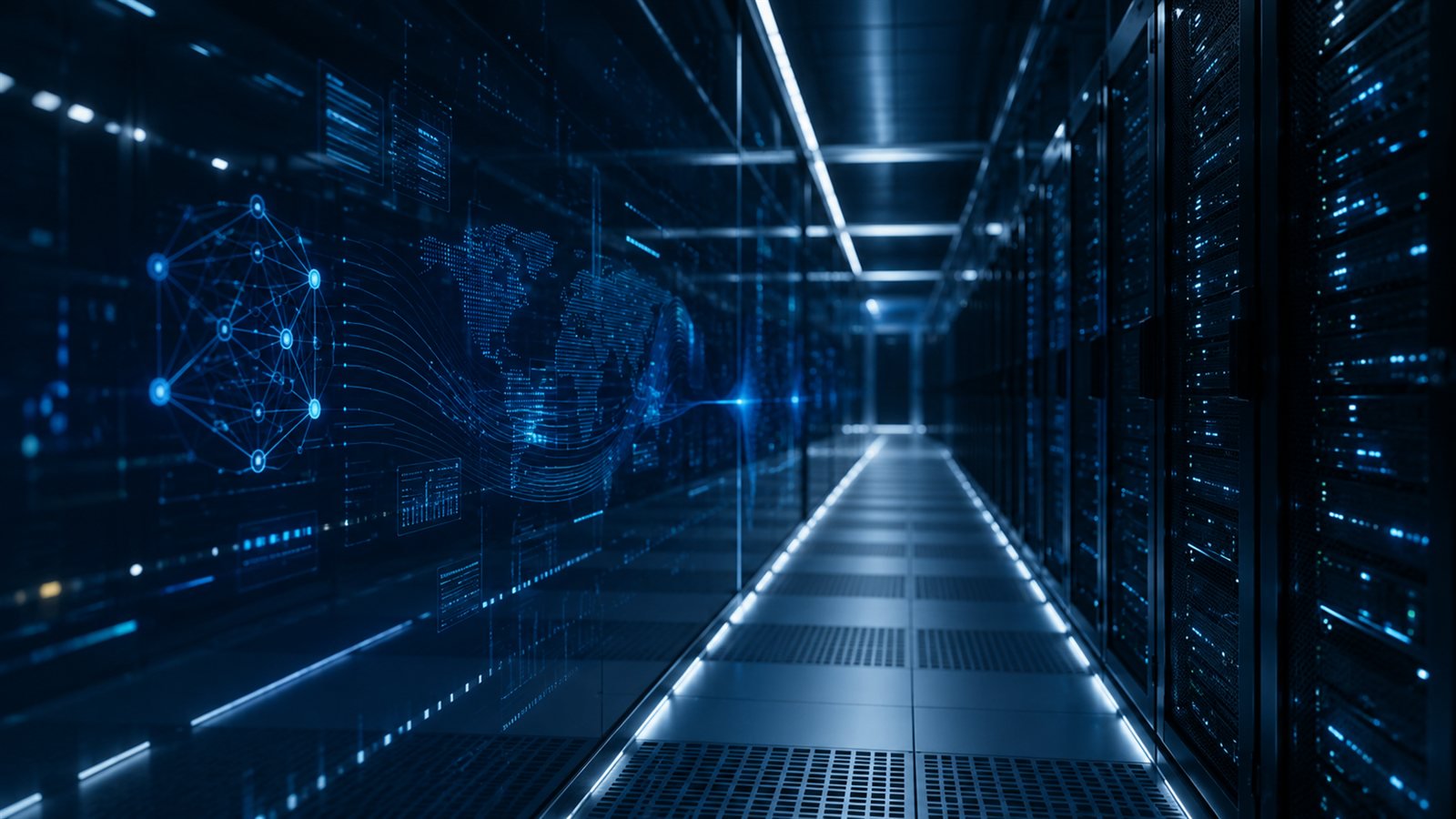 Datacenter aisle with AI network visualization