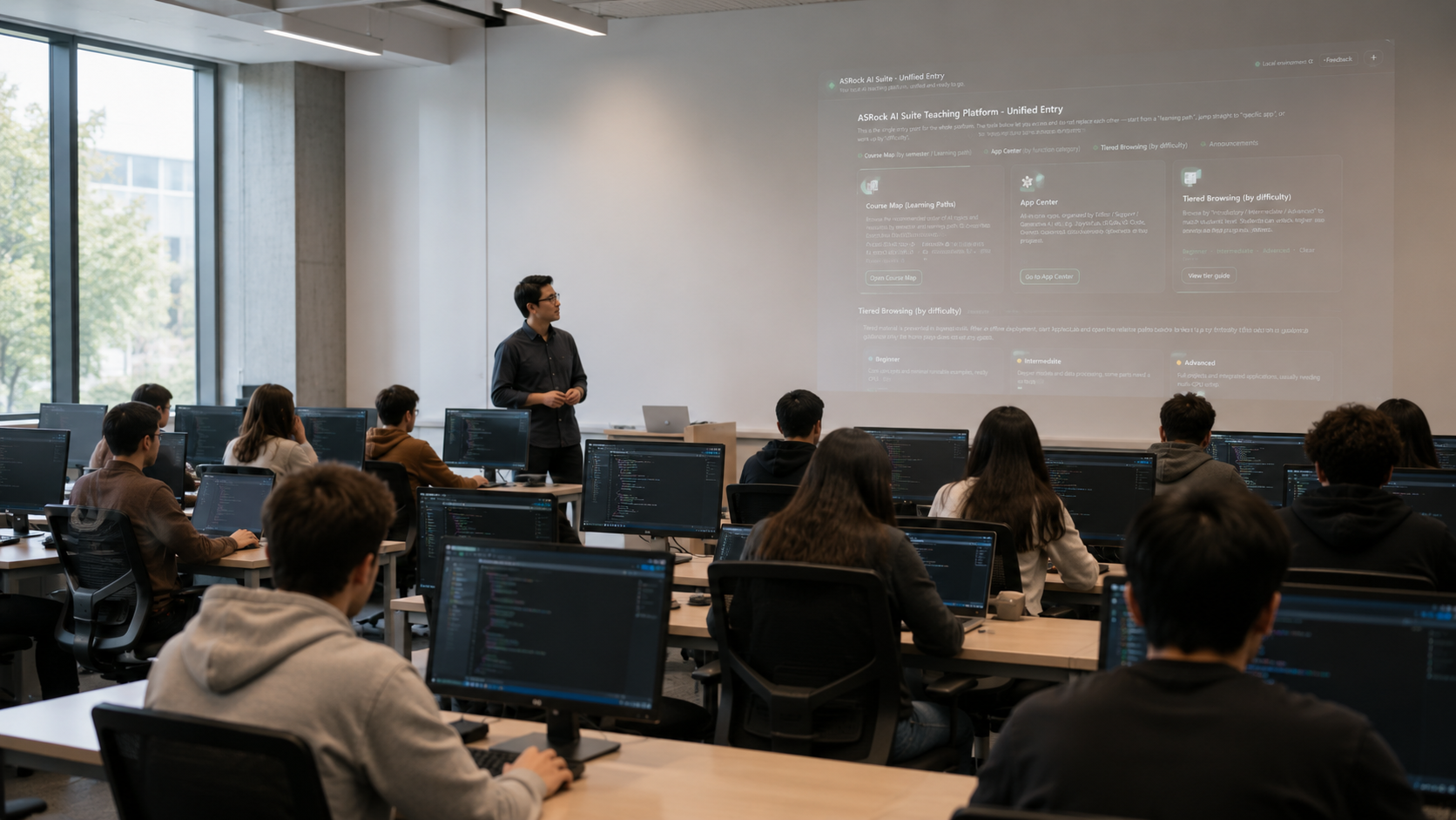 A university AI classroom in session — students working at their own workstations while the instructor presents the ASRock AI Suite Teaching Platform unified entry screen on the projection wall