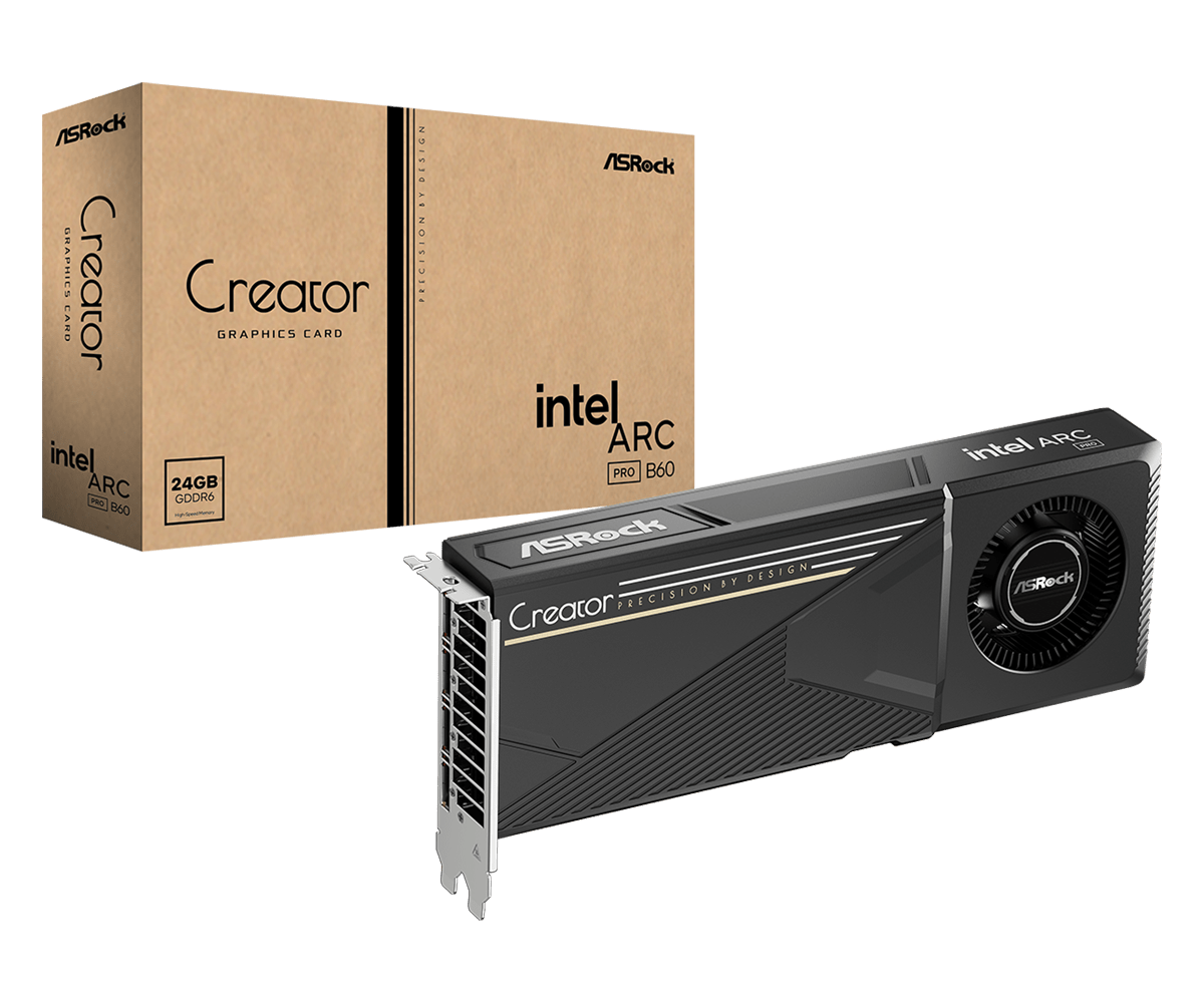 Asrock arc pro b60 creator | 24gb gddr6 192-bit | xe2-hpg | 160 xmx ai engines | pcie 5. 0 | 4x displayport 2. 1 | profesionalna grafična kartica 1 Asrock arc pro b60 creator 24gb grafična kartica z embalažo