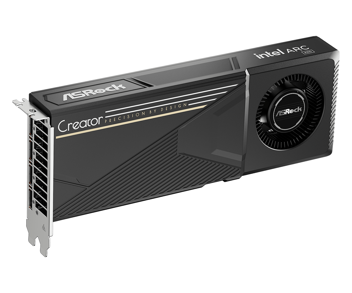 Asrock arc pro b60 creator | 24gb gddr6 192-bit | xe2-hpg | 160 xmx ai engines | pcie 5. 0 | 4x displayport 2. 1 | profesionalna grafična kartica 2 Asrock arc pro b60 creator 24gb sprednji pogled profesionalne grafične kartice