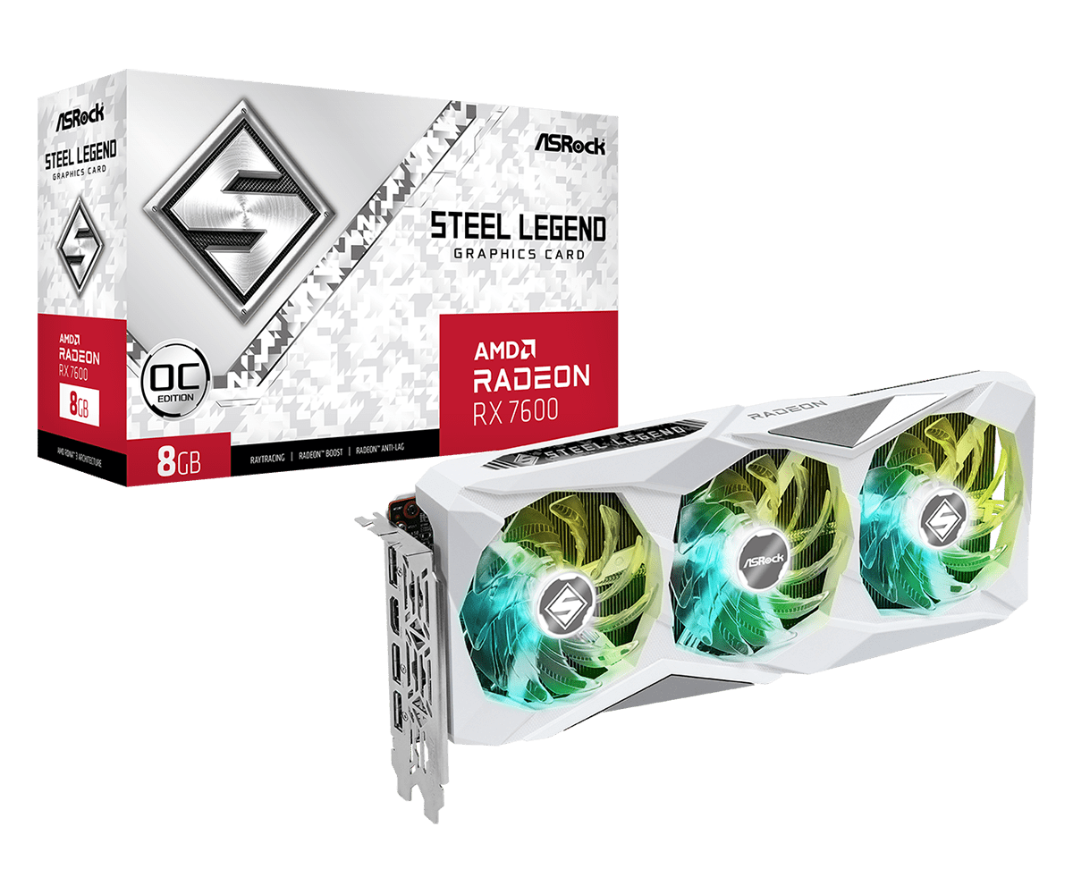 Asrock radeon rx 7600 steel legend | 8gb gddr6 | 128-bit | rdna 3 | polychrome sync | bela grafična kartica 1 Asrock radeon rx 7600 steel legend 8gb oc bela grafična kartica s škatlo