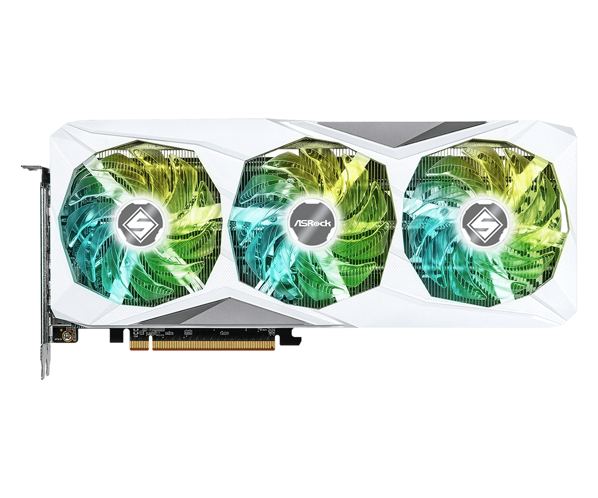 Asrock radeon rx 7600 steel legend | 8gb gddr6 | 128-bit | rdna 3 | polychrome sync | bela grafična kartica 2 Asrock radeon rx 7600 steel legend 8gb oc sprednji pogled s tremi ventilatorji
