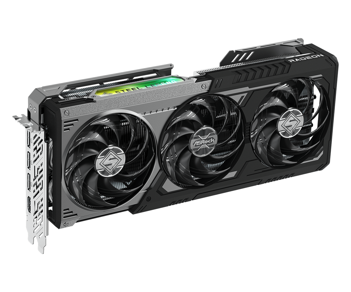 Asrock radeon rx 9070 gre steel legend dark oc | 12gb gddr6 192-bit | rdna 4 | 3x dp 2. 1a hdmi 2. 1b | grafična kartica 1 Asrock radeon rx 9070 gre steel legend dark 12gb oc grafična kartica sprednji kotni pogled
