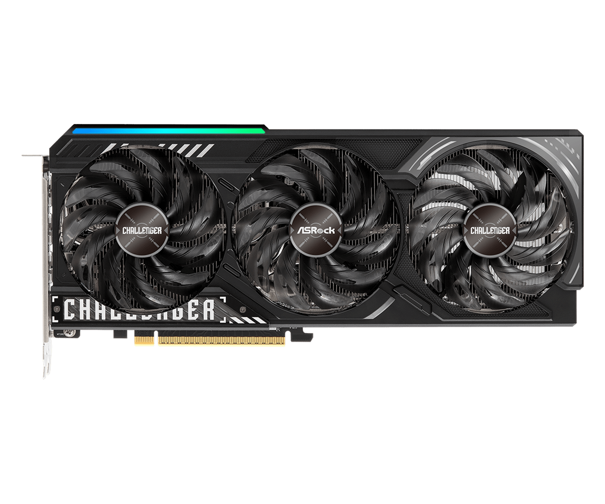 Asrock radeon rx 9070 xt challenger | 16gb gddr6 | rdna 4 | 256-bit | pcie 5. 0 | 1x hdmi 2. 1b 3x displayport 2. 1a | grafična kartica 2 Asrock radeon rx 9070 xt challenger 16gb sprednji pogled s tremi ventilatorji