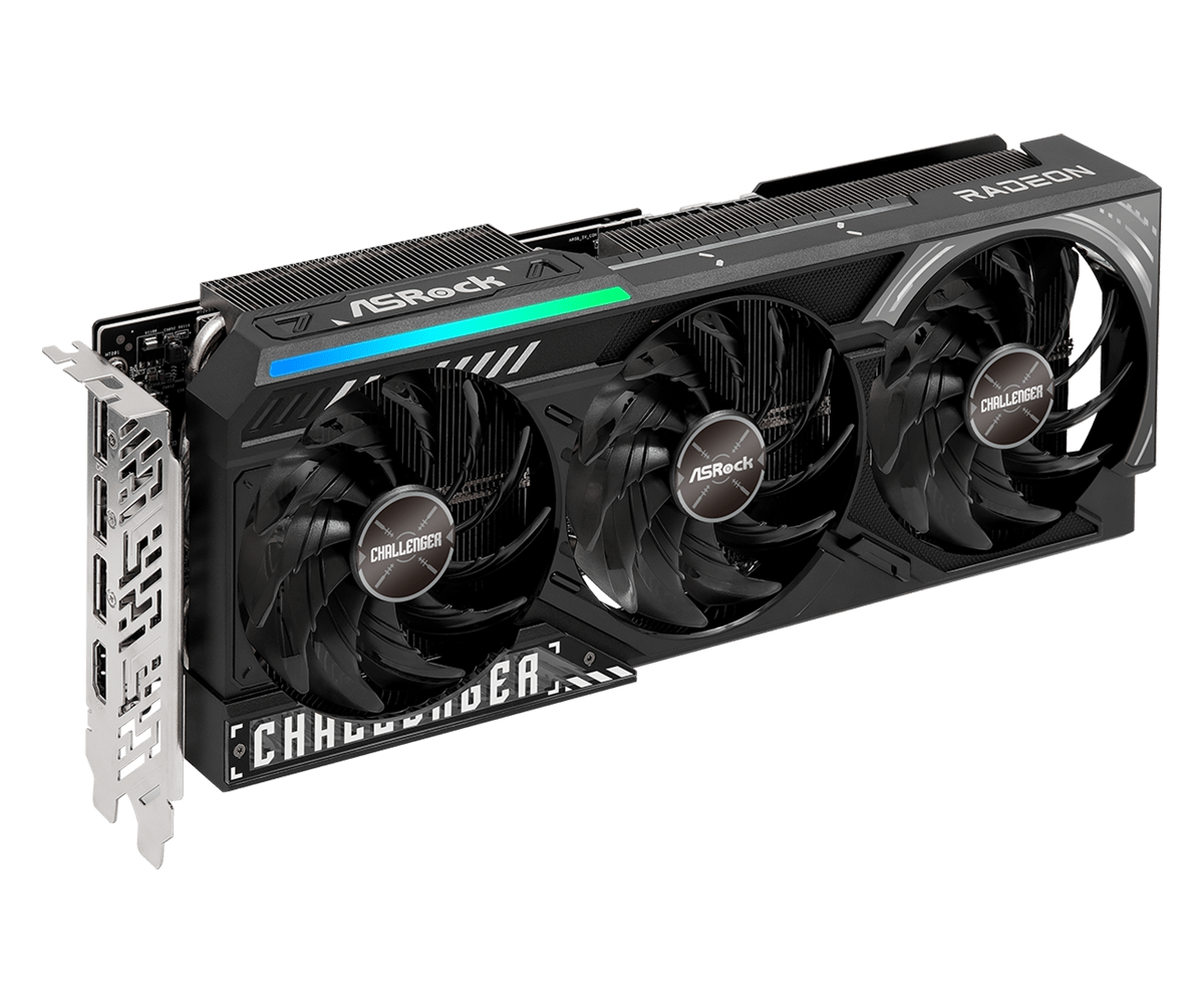 Asrock radeon rx 9070 xt challenger | 16gb gddr6 | rdna 4 | 256-bit | pcie 5. 0 | 1x hdmi 2. 1b 3x displayport 2. 1a | grafična kartica 3 Asrock radeon rx 9070 xt challenger 16gb poševni pogled na hladilnik in rgb led indikator