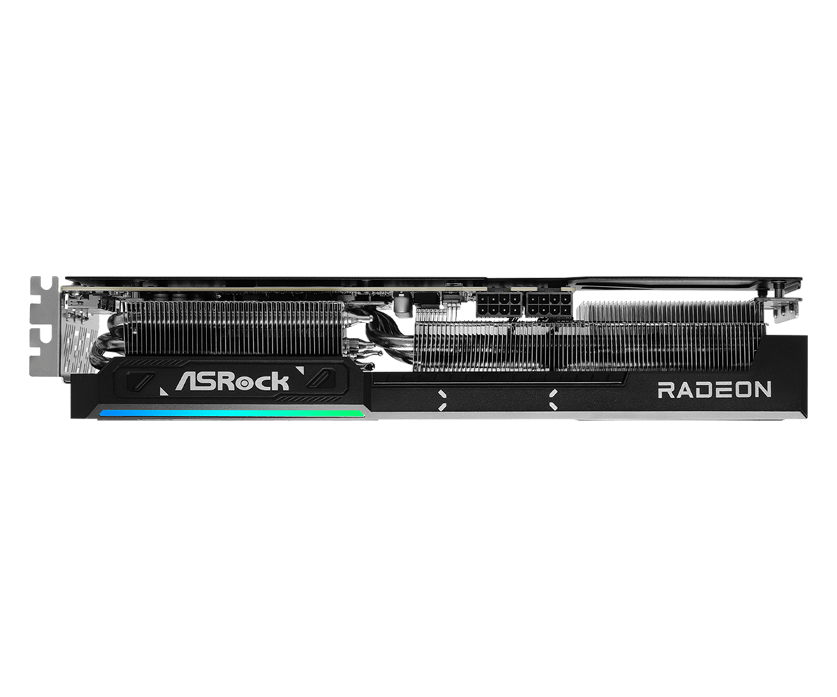 Asrock radeon rx 9070 xt challenger | 16gb gddr6 | rdna 4 | 256-bit | pcie 5. 0 | 1x hdmi 2. 1b 3x displayport 2. 1a | grafična kartica 6 Asrock radeon rx 9070 xt challenger 16gb stranski pogled na hladilnik in 2x 8-pin napajanje
