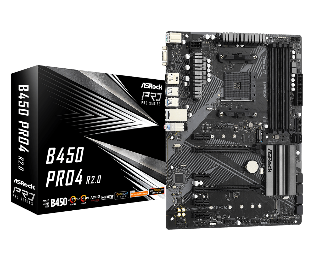Asrock b450 pro4 r2. 0 am4 atx matična plošča z embalažo