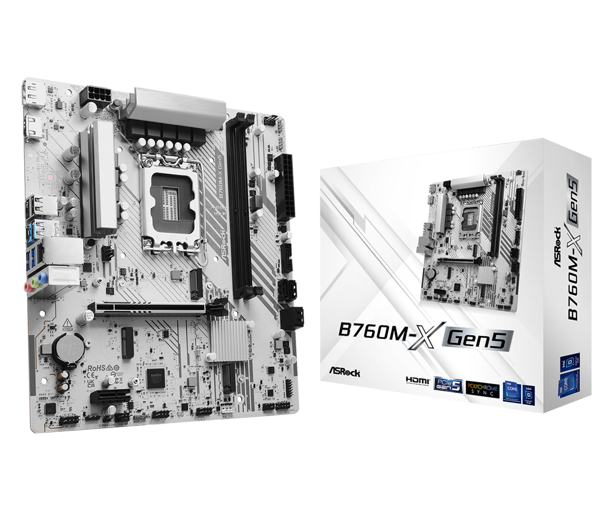 Asrock b760m-x gen5 | intel b760 | lga1700 | ddr5 7200+ oc | pcie 5. 0 | micro atx matična plošča 1 Asrock b760m-x gen5 intel b760 lga1700 ddr5 matična plošča pogled od spredaj