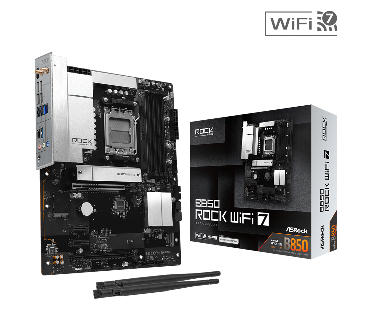Asrock b850 rock wifi 7 am5 atx matična plošča z embalažo in wifi antenami