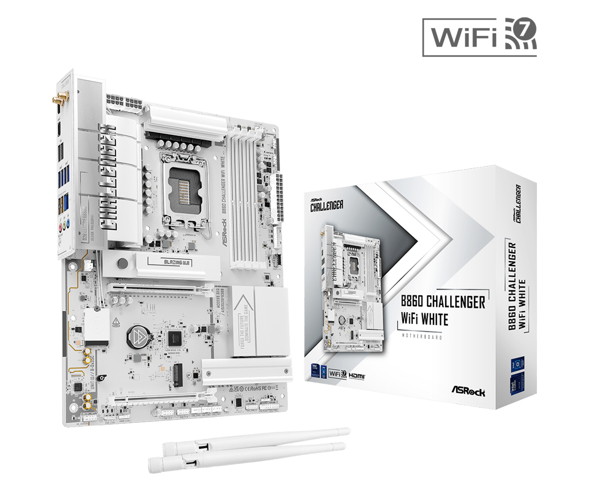 Asrock b860 challenger wifi white | intel lga1851 | ddr5 8666+ oc | wifi 7 | atx matična plošča 1 Asrock b860 challenger wifi white bela atx matična plošča sprednji pogled