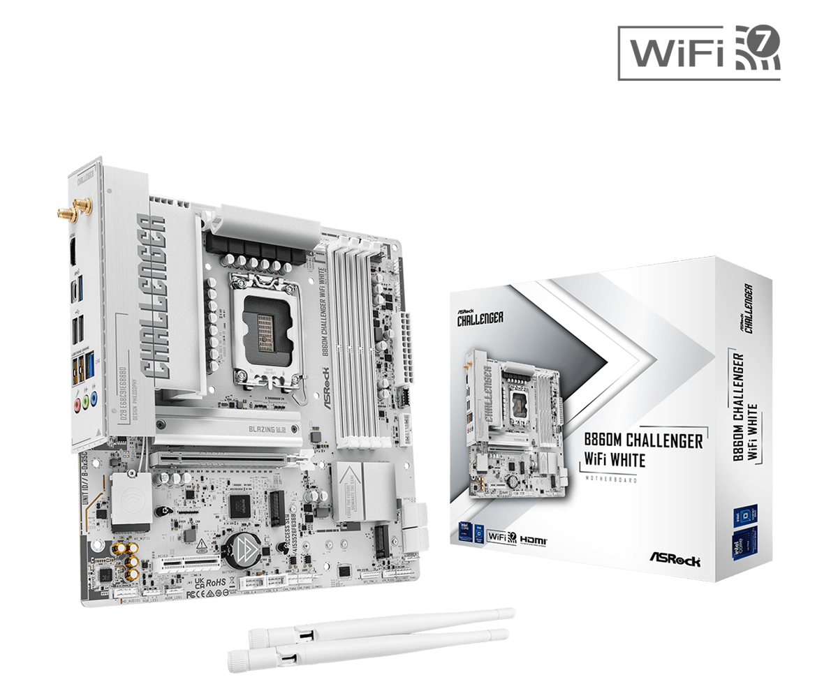 Asrock b860m challenger wifi white bela matx matična plošča z embalažo in wi-fi antenama