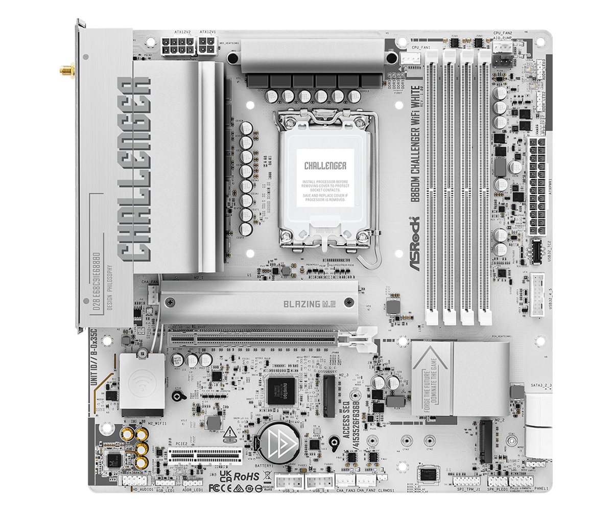 Asrock b860m challenger wifi white matična plošča pogled od zgoraj