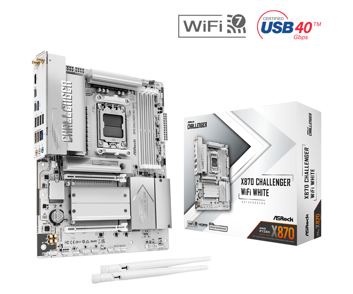 Asrock x870 challenger wifi white am5 atx bela matična plošča sprednji pogled