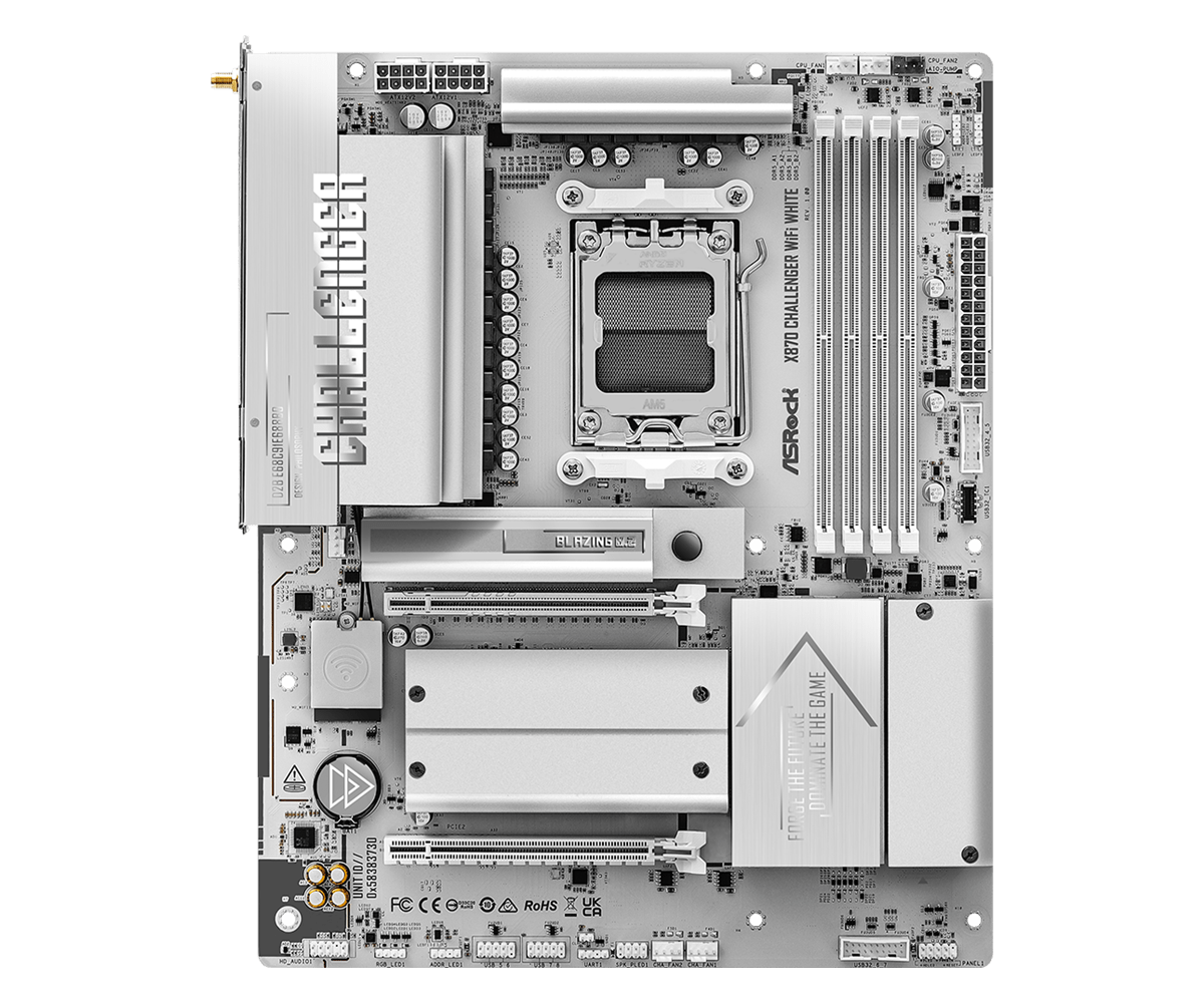 Asrock x870 challenger wifi white atx matična plošča detajl hladilnikov in ddr5 rež