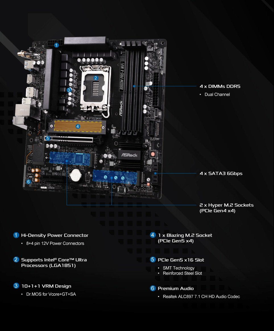 ASRock B860 Pro-A WiFi DDR5 - Scheda Madre ATX LGA1851, PCIe 5.0, Intel Core Ultra
