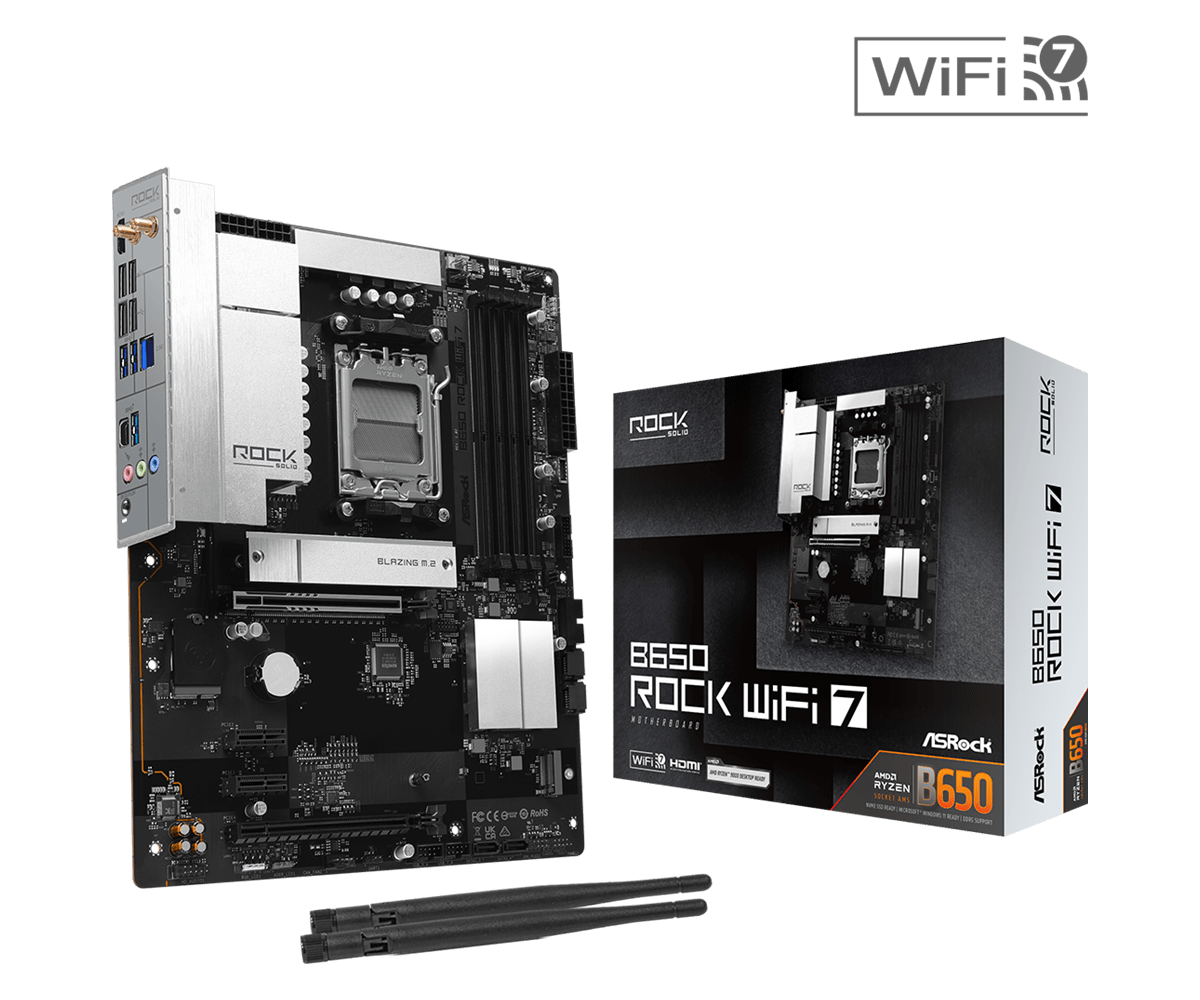 Asrock b650 rock wifi 7 am5 atx matična plošča sprednji pogled