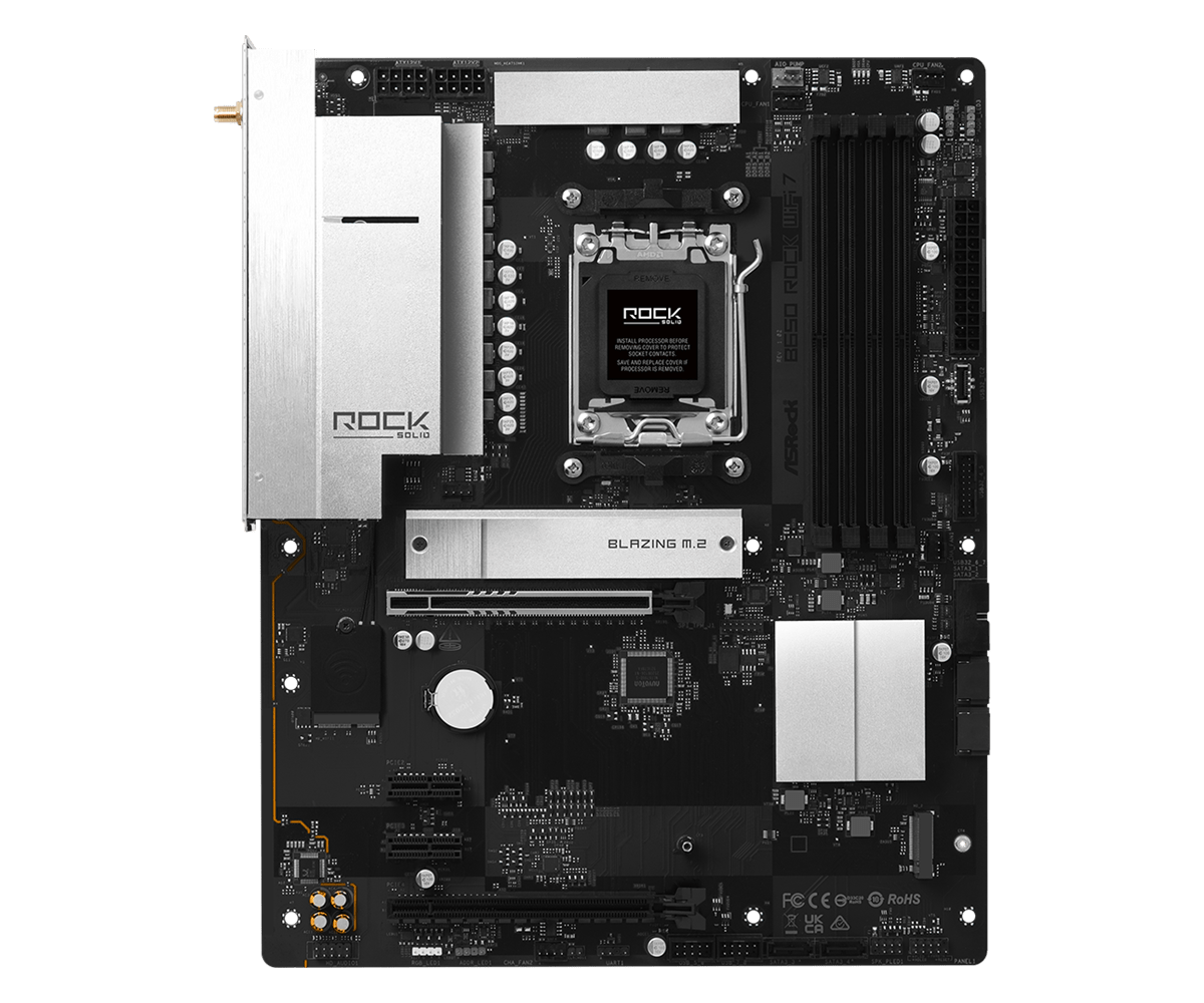 Asrock b650 rock wifi 7 matična plošča z wi-fi 7 antenama