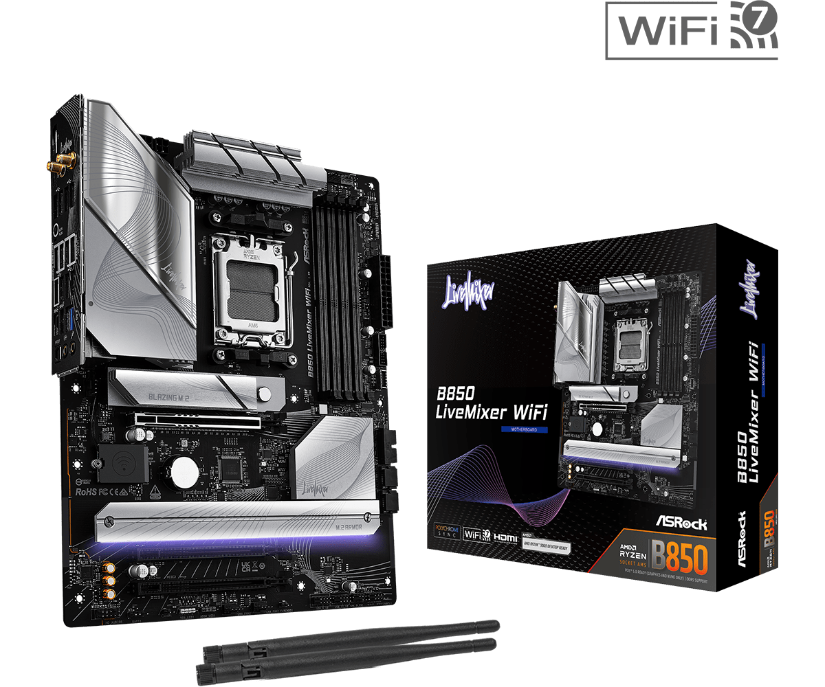 Asrock b850 livemixer wifi am5 atx matična plošča s škatlo in wifi antenama