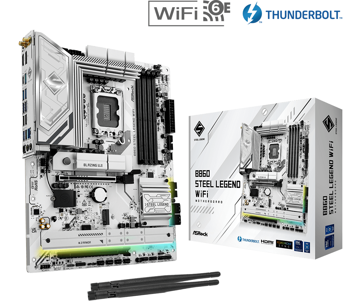 Asrock b860 steel legend wifi | lga1851 intel b860 | ddr5 8666+ oc | pcie 5. 0 | wi-fi 6e | atx osnovna plošča 1 Asrock b860 steel legend wifi lga1851 atx osnovna plošča z embalažo in antenama