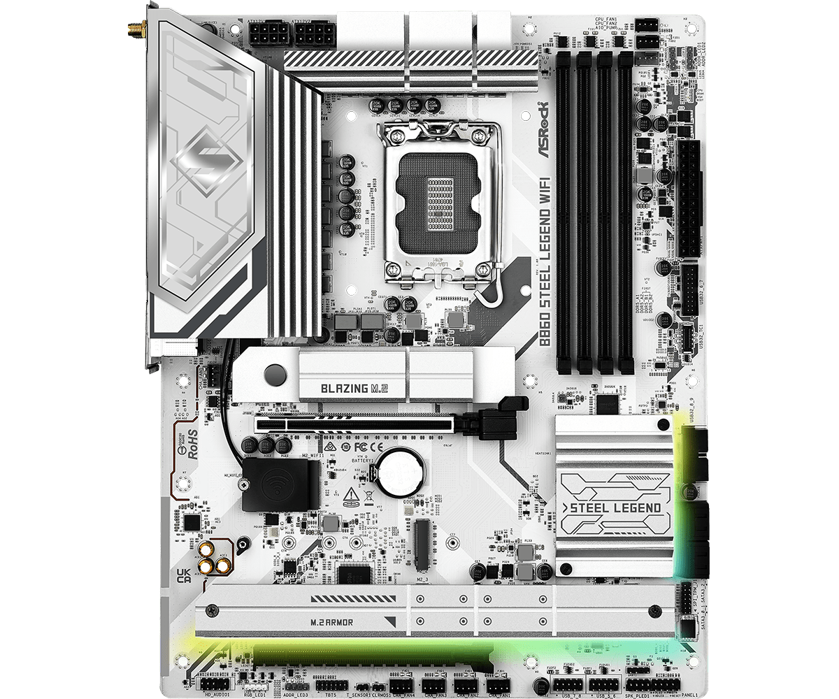 Asrock b860 steel legend wifi | lga1851 intel b860 | ddr5 8666+ oc | pcie 5. 0 | wi-fi 6e | atx osnovna plošča 2 Asrock b860 steel legend wifi pogled od zgoraj na ddr5 pcie 5. 0 in m. 2 reže
