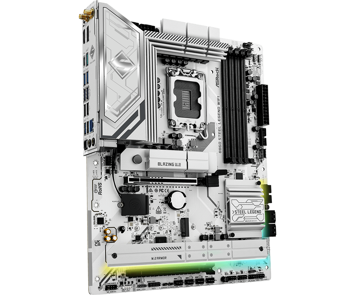 Asrock b860 steel legend wifi | lga1851 intel b860 | ddr5 8666+ oc | pcie 5. 0 | wi-fi 6e | atx osnovna plošča 3 Asrock b860 steel legend wifi atx osnovna plošča stranski pogled z belimi hladilniki