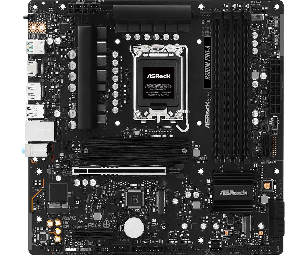 Asrock b860m pro-a matična plošča kotni pogled z ddr5 in pcie režami