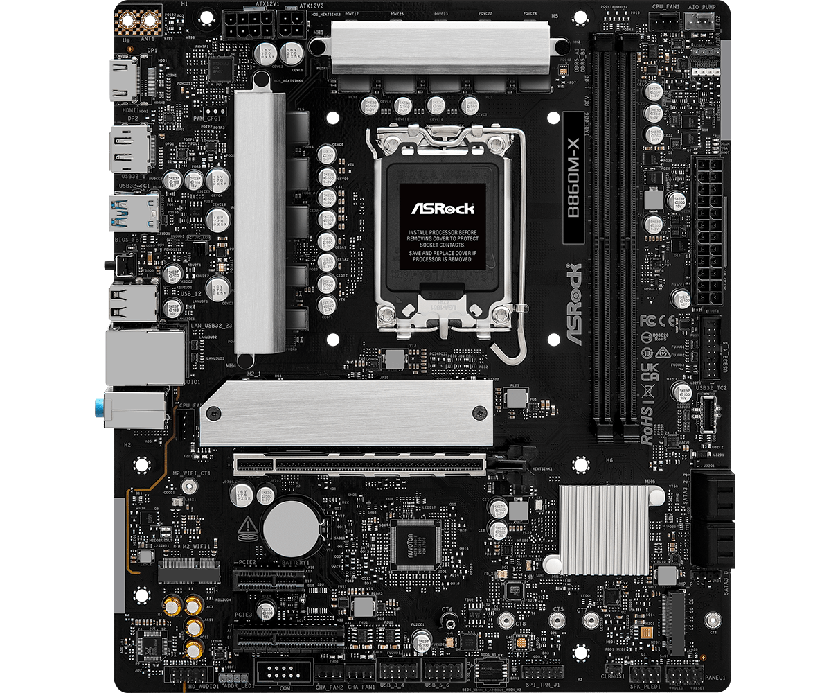 Asrock b860m-x | lga1851 intel b860 | ddr5 9066+ oc | pcie gen5 m. 2 | 2. 5g lan | micro atx matična plošča 2 Asrock b860m-x pogled od zgoraj ddr5 pcie gen5 m. 2 matična plošča