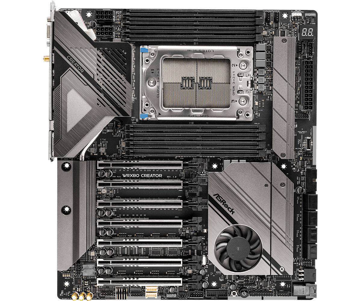 Asrock wrx80 creator r2. 0 | amd wrx80 swrx8 | threadripper pro 3000wx/5000wx | e-atx matična plošča 2 Asrock wrx80 creator r2. 0 pogled od zgoraj s podnožjem swrx8 in pcie režami