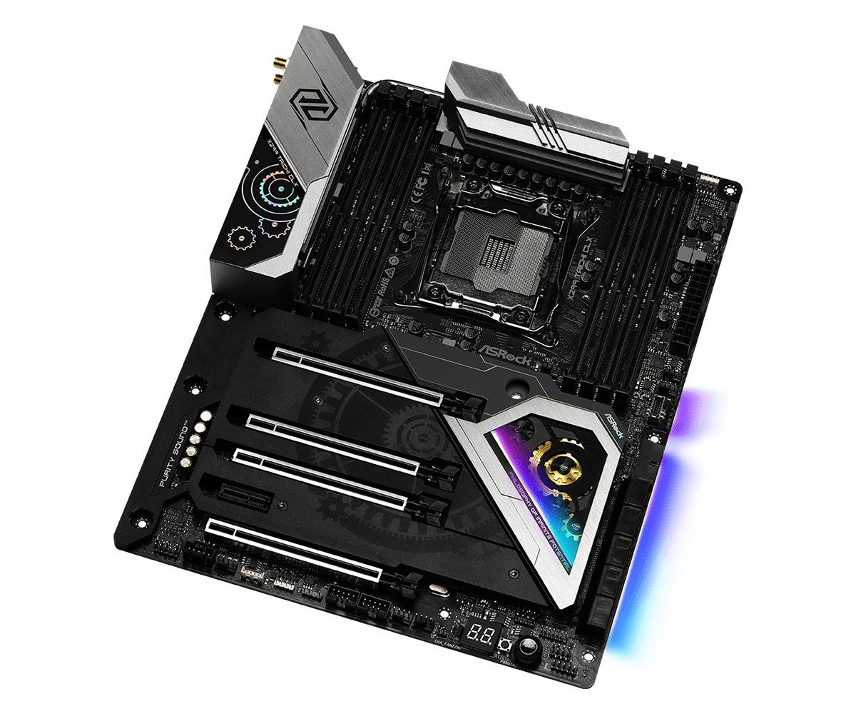 Asrock x299 taichi clx | intel x299 | lga 2066 | ddr4 4200+ oc | wi-fi 6 | 2. 5g lan | atx matična plošča 3 Asrock x299 taichi clx pod kotom z rgb osvetlitvijo in pcie režami