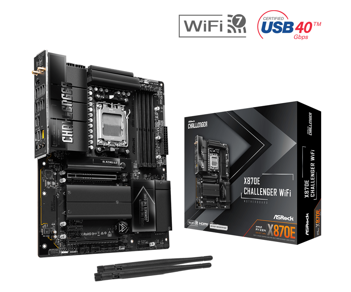 Asrock x870e challenger wifi am5 atx matična plošča sprednji prikaz