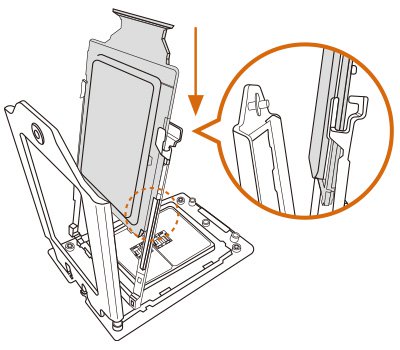 Install CPU along with the orange carrier frame, do not separate them. Please make sure the carrier frame with CPU is closely attached to the rail frame while inserting it.
