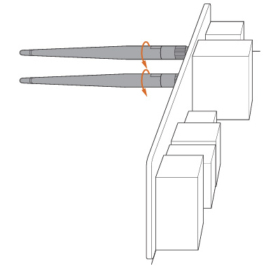 Connect the two Wi-Fi 2.4/5/6 GHz Antennas to the antenna connectors. Turn the antenna clockwise until it is securely connected
