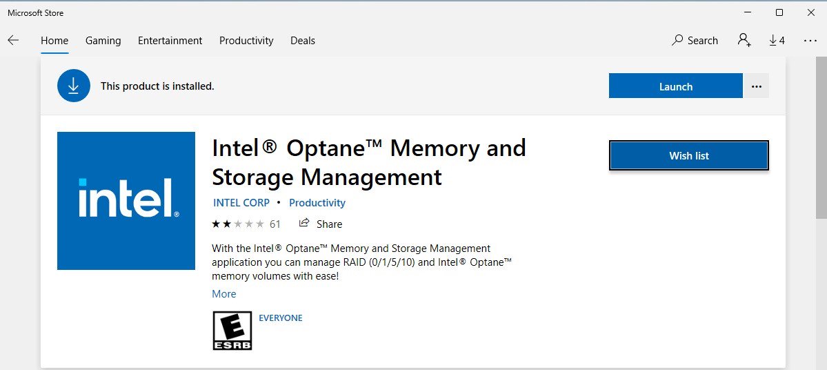 Launch the Intel® Optane™ Memory and Storage Management tool from the Microsoft store.