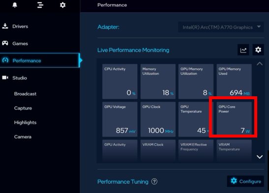 To check the power consumption of the Intel ARC graphics card, please open Intel Arc Control and find the GPU Core Power.