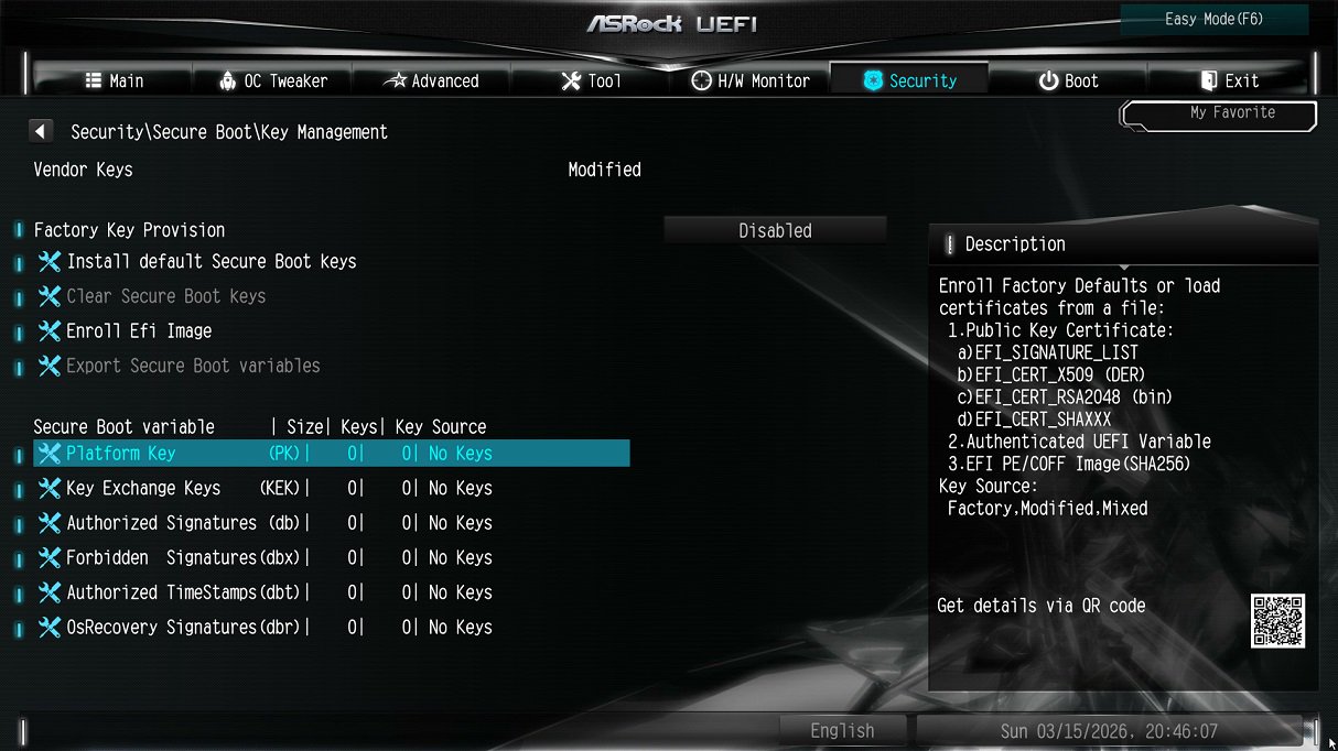 Confirm that all UEFI Secure Boot keys (PK, KEK, DB, DBX) have been cleared.