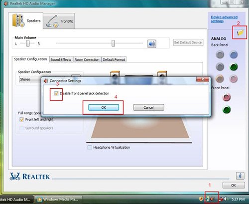 Click the Folder icon at the top-right corner. 3. Check Disable front panel jack detection. 4. Click OK.